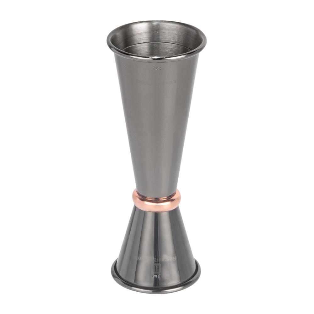 restaurantware Bar Lux 1 oz / 2 oz Black-Plated Stainless Steel Jigger - Japanese Style Copper-Plated Ring - 1 count box