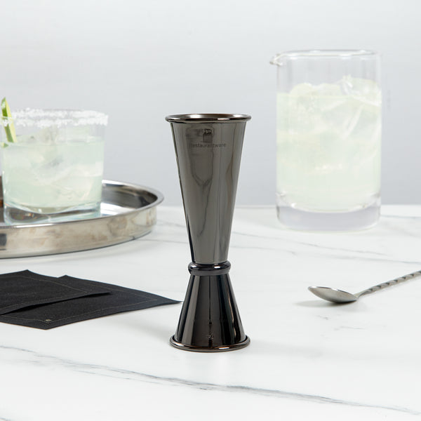 Restaurantware Bar Lux 1 Oz / 2 Oz Black Stainless Steel Jigger - Japanese Style - 1 Count Box