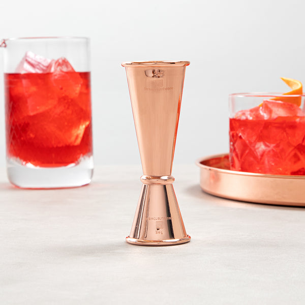 Restaurantware Bar Lux 1 Oz / 2 Oz Copper-Plated Stainless Steel Jigger - Japanese Style - 1 Count Box