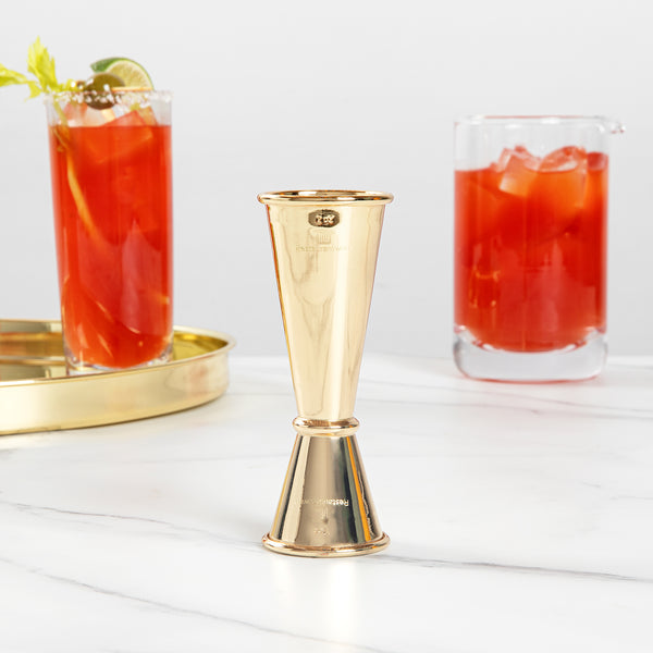 Restaurantware Bar Lux 1 Oz / 2 Oz Gold-Plated Stainless Steel Jigger - Japanese Style - 1 Count Box