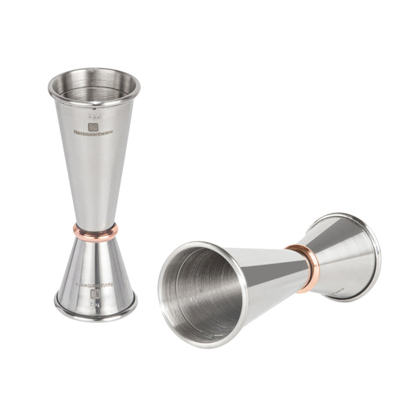 Restaurantware Bar Lux 1 Oz / 2 Oz Stainless Steel Jigger - Japanese Style Mirrored Finish Copper-Plated Ring - 1 Count Box