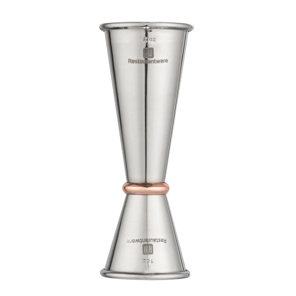 Restaurantware Bar Lux 1 Oz / 2 Oz Stainless Steel Jigger - Japanese Style Mirrored Finish Copper-Plated Ring - 1 Count Box