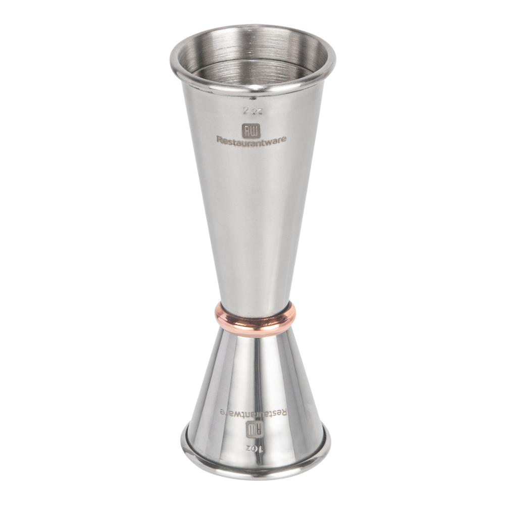 restaurantware Bar Lux 1 oz / 2 oz Stainless Steel Jigger - Japanese Style Mirrored Finish Copper-Plated Ring - 1 count box