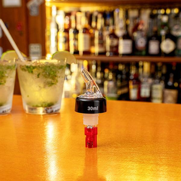 Restaurantware Bar Lux 1 Oz Red Plastic Measured Liquor Pourer - With Collar Clear Spout - 50 Count Box