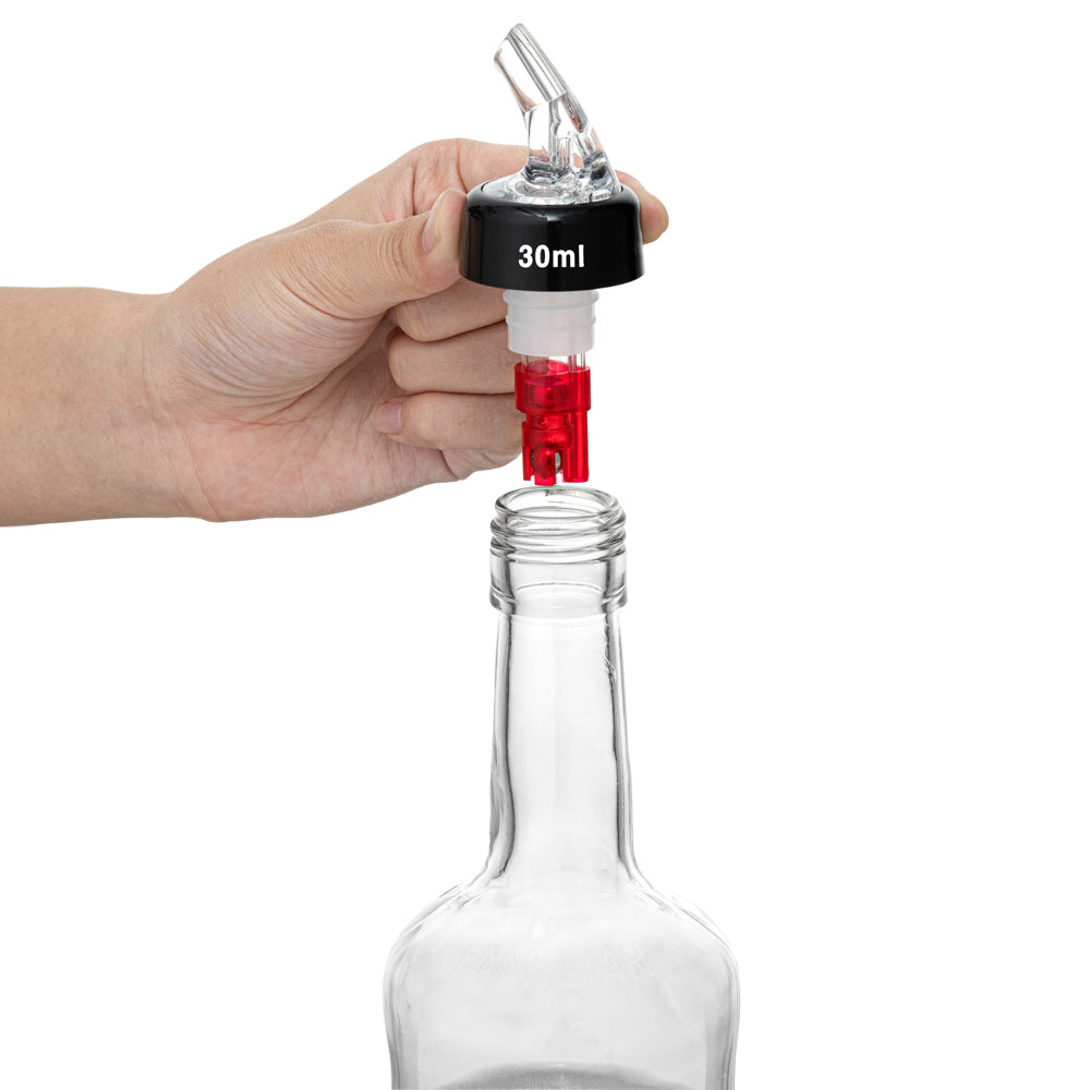 restaurantware Bar Lux 1 oz Red Plastic Measured Liquor Pourer - with Collar Clear Spout - 50 count box