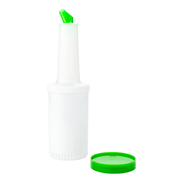 Restaurantware Bar Lux 1 Qt Plastic Quick Pour Storage Container Bottle - With Green Spout And Lid - 3 1/2" X 3 1/2" X 13" - 1 Count Box