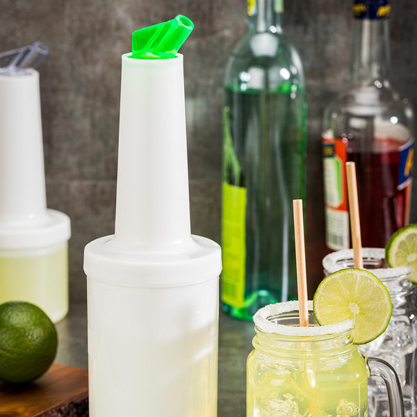 Restaurantware Bar Lux 1 Qt Plastic Quick Pour Storage Container Bottle - With Green Spout And Lid - 3 1/2" X 3 1/2" X 13" - 1 Count Box