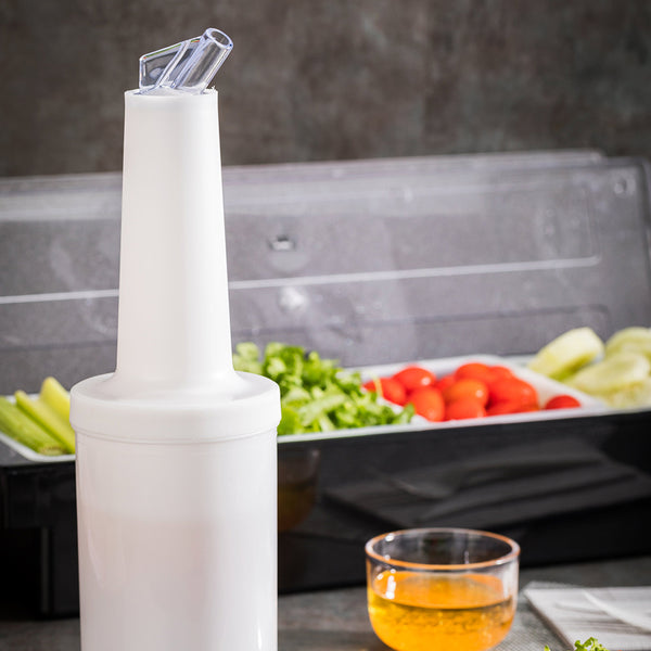 Restaurantware Bar Lux 1 Qt Plastic Quick Pour Storage Container Bottle - With Clear Spout And Lid - 3 1/2" X 3 1/2" X 13" - 1 Count Box