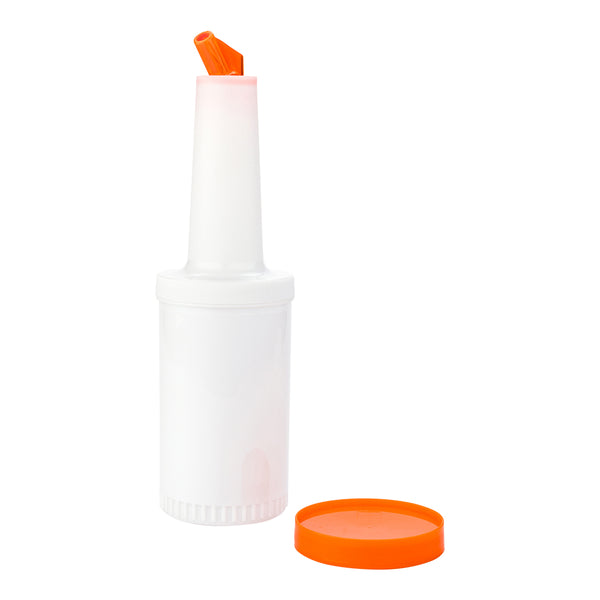 Restaurantware Bar Lux 1 Qt Plastic Quick Pour Storage Container Bottle - With Orange Spout And Lid - 3 1/2" X 3 1/2" X 13" - 1 Count Box