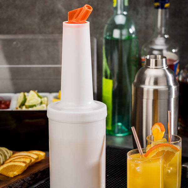Restaurantware Bar Lux 1 Qt Plastic Quick Pour Storage Container Bottle - With Orange Spout And Lid - 3 1/2" X 3 1/2" X 13" - 1 Count Box