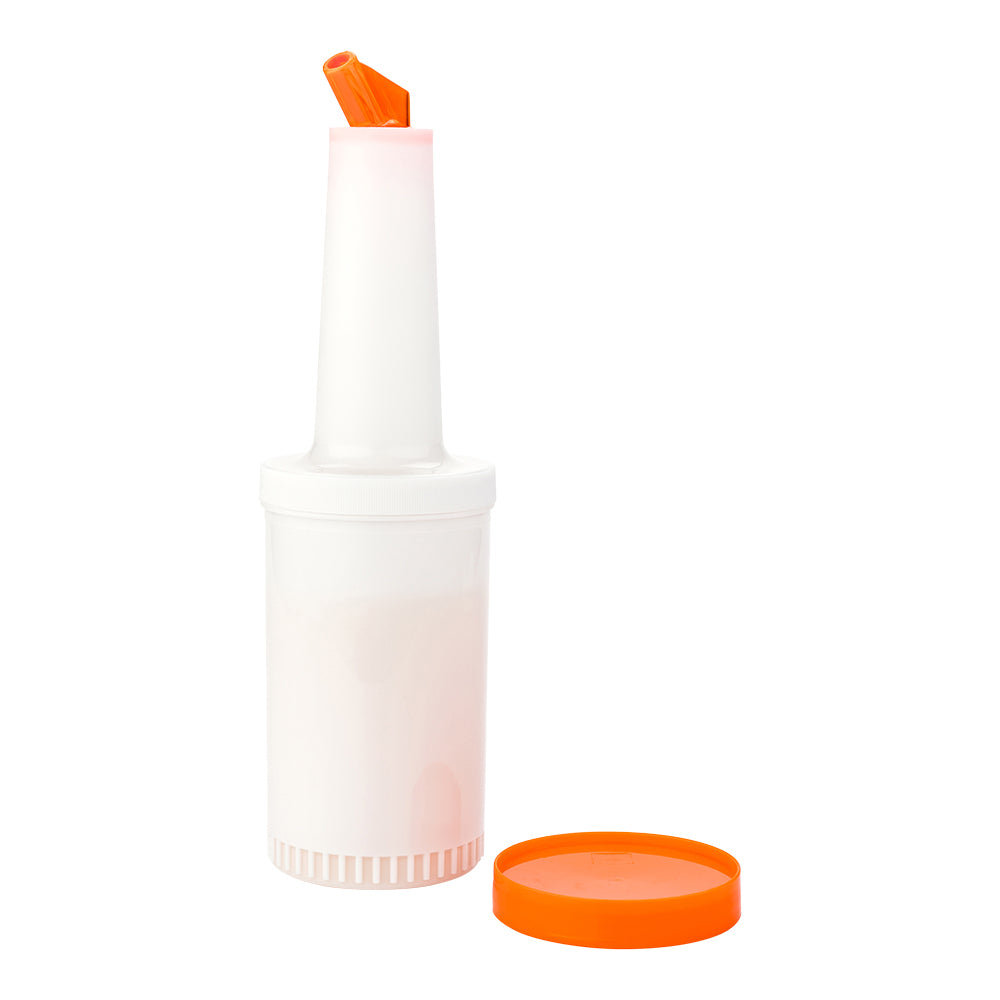 restaurantware Bar Lux 1 qt Plastic Quick Pour Storage Container Bottle - with Orange Spout and Lid - 3 1/2" x 3 1/2" x 13" - 1 count box