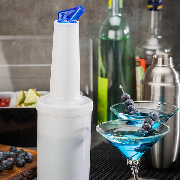 Restaurantware Bar Lux 1 Qt Plastic Quick Pour Storage Container Bottle - With Blue Spout And Lid - 3 1/2" X 3 1/2" X 13" - 1 Count Box