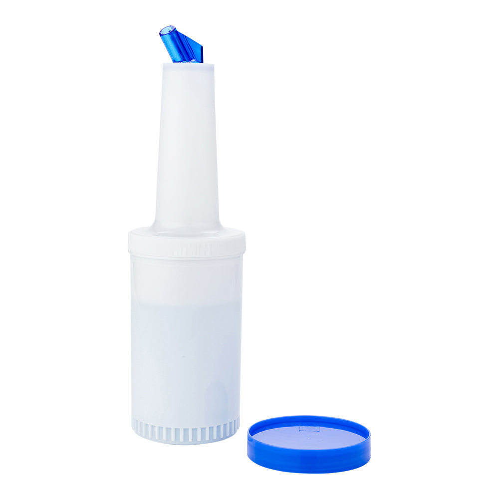 restaurantware Bar Lux 1 qt Plastic Quick Pour Storage Container Bottle - with Blue Spout and Lid - 3 1/2" x 3 1/2" x 13" - 1 count box