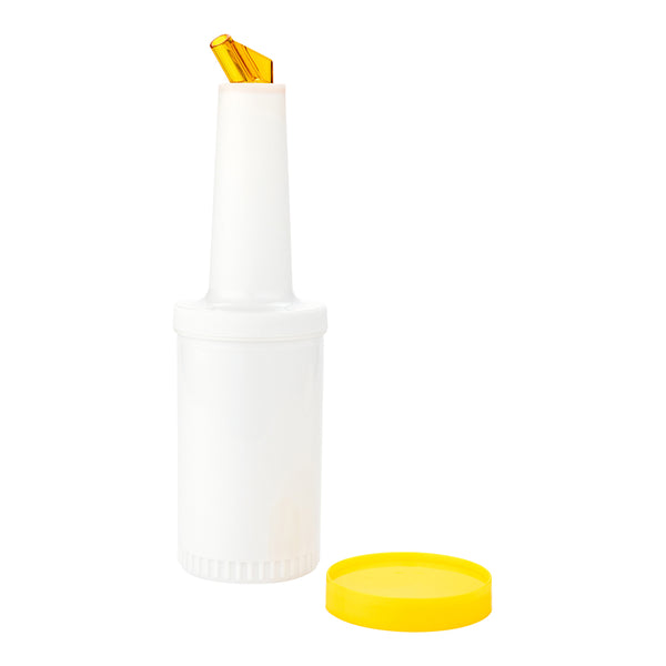Restaurantware Bar Lux 1 Qt Plastic Quick Pour Storage Container Bottle - With Yellow Spout And Lid - 3 1/2" X 3 1/2" X 13" - 1 Count Box