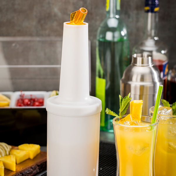 Restaurantware Bar Lux 1 Qt Plastic Quick Pour Storage Container Bottle - With Yellow Spout And Lid - 3 1/2" X 3 1/2" X 13" - 1 Count Box