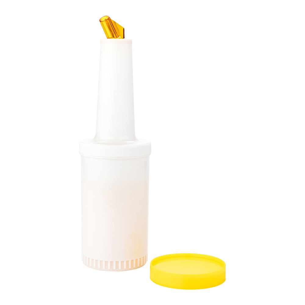 restaurantware Bar Lux 1 qt Plastic Quick Pour Storage Container Bottle - with Yellow Spout and Lid - 3 1/2" x 3 1/2" x 13" - 1 count box
