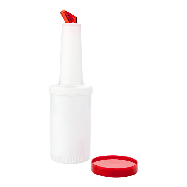 Restaurantware Bar Lux 1 Qt Plastic Quick Pour Storage Container Bottle - With Red Spout And Lid - 3 1/2" X 3 1/2" X 13" - 1 Count Box