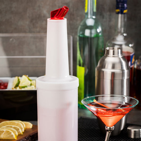 Restaurantware Bar Lux 1 Qt Plastic Quick Pour Storage Container Bottle - With Red Spout And Lid - 3 1/2" X 3 1/2" X 13" - 1 Count Box