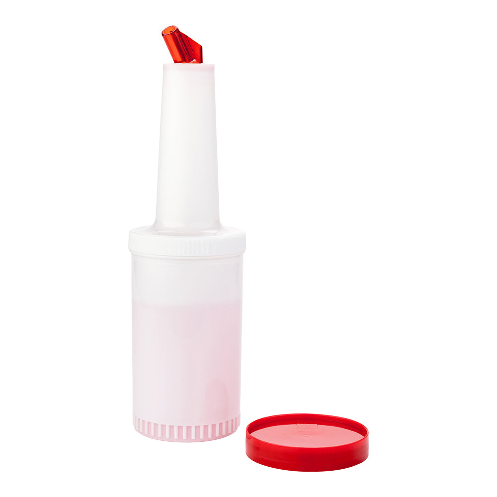 restaurantware Bar Lux 1 qt Plastic Quick Pour Storage Container Bottle - with Red Spout and Lid - 3 1/2" x 3 1/2" x 13" - 1 count box
