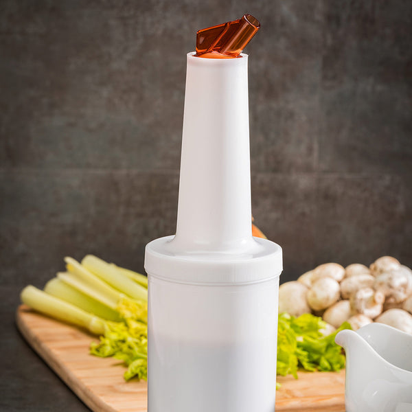 Restaurantware Bar Lux 1 Qt Plastic Quick Pour Storage Container Bottle - With Brown Spout And Lid - 3 1/2" X 3 1/2" X 13" - 1 Count Box