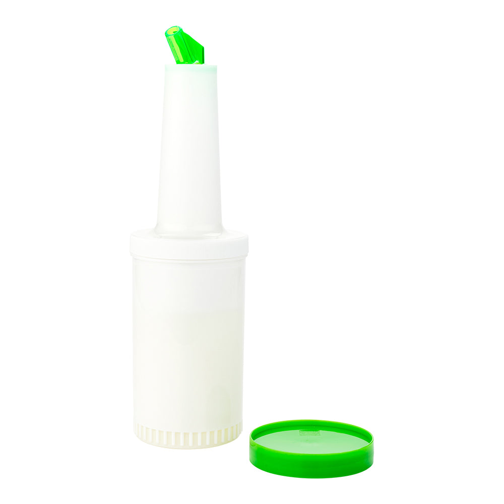 restaurantware Bar Lux 1 qt Plastic Quick Pour Storage Container Bottle - with Green Spout and Lid - 3 1/2" x 3 1/2" x 13" - 1 count box