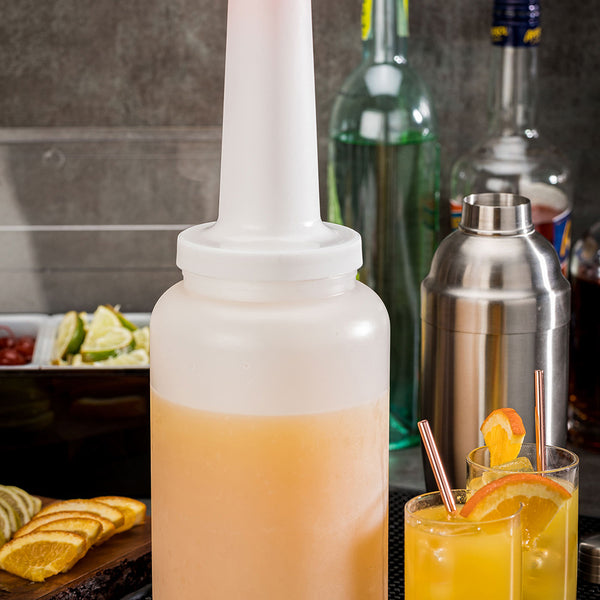 Restaurantware Bar Lux 2.5 Qt Plastic Quick Pour Storage Container Bottle - With Orange Spout And Lid - 5" X 5" X 15" - 1 Count Box