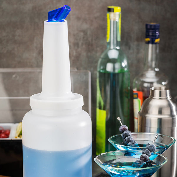 Restaurantware Bar Lux 2.5 Qt Plastic Quick Pour Storage Container Bottle - With Blue Spout And Lid - 5" X 5" X 15" - 1 Count Box