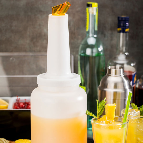 Restaurantware Bar Lux 2.5 Qt Plastic Quick Pour Storage Container Bottle - With Yellow Spout And Lid - 5" X 5" X 15" - 1 Count Box