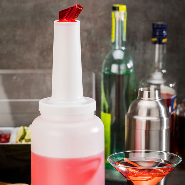 Restaurantware Bar Lux 2.5 Qt Plastic Quick Pour Storage Container Bottle - With Red Spout And Lid - 5" X 5" X 15" - 1 Count Box