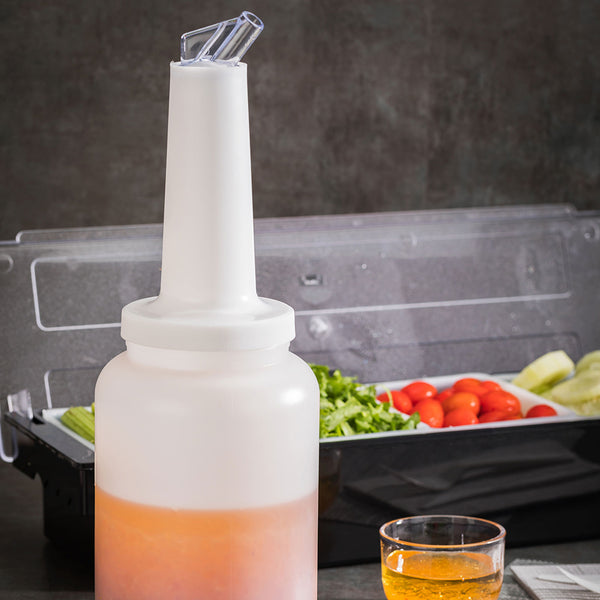 Restaurantware Bar Lux 2.5 Qt Plastic Quick Pour Storage Container Bottle - With Clear Spout And Lid - 5" X 5" X 15" - 1 Count Box