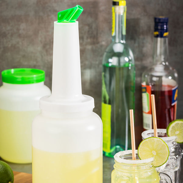 Restaurantware Bar Lux 2.5 Qt Plastic Quick Pour Storage Container Bottle - With Green Spout And Lid - 5" X 5" X 15" - 1 Count Box