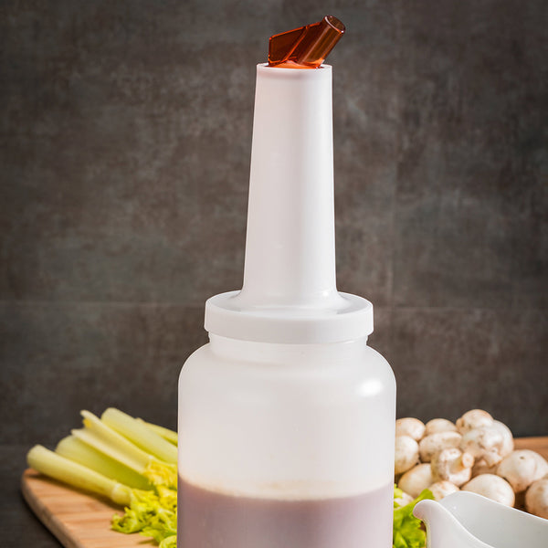Restaurantware Bar Lux 2.5 Qt Plastic Quick Pour Storage Container Bottle - With Brown Spout And Lid - 5" X 5" X 15" - 1 Count Box