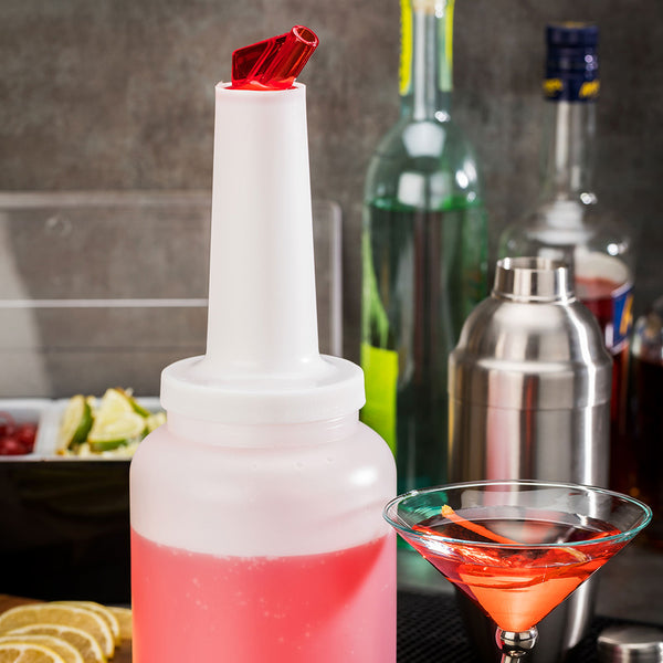 Restaurantware Bar Lux 2 Qt Plastic Quick Pour Storage Container Bottle - With Red Spout And Lid - 4 3/4" X 4 3/4" X 13 3/4" - 1 Count Box