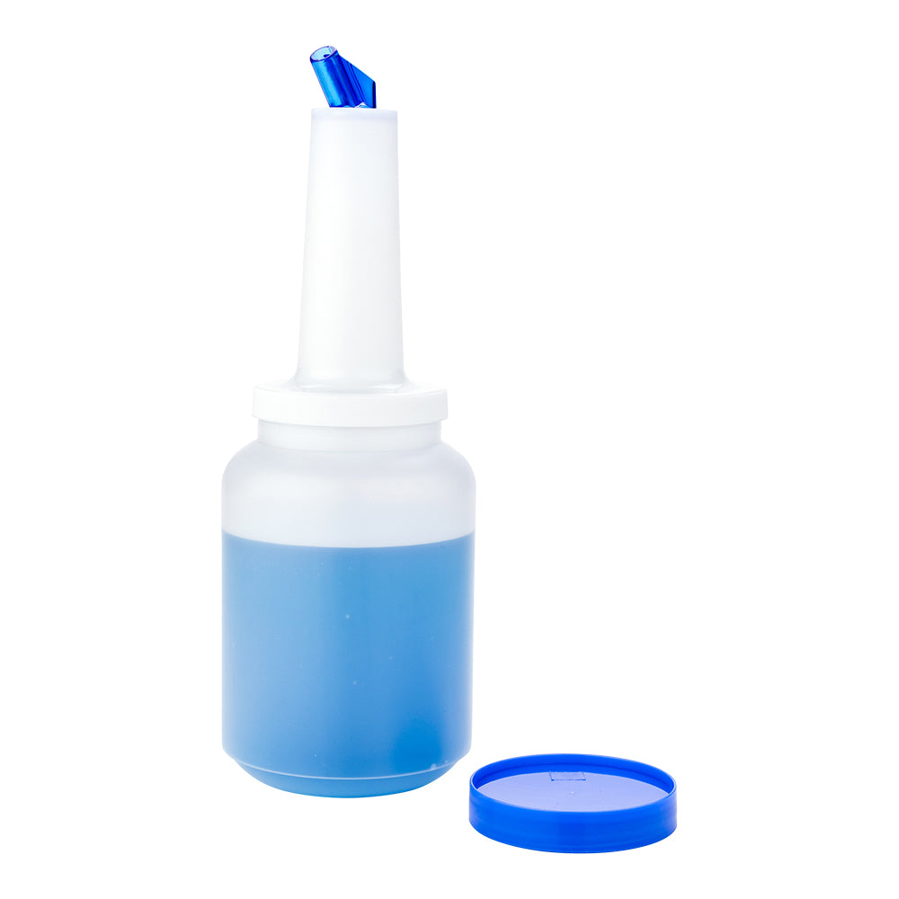 restaurantware Bar Lux 2 qt Plastic Quick Pour Storage Container Bottle - with Blue Spout and Lid - 4 3/4" x 4 3/4" x 13 3/4" - 1 count box