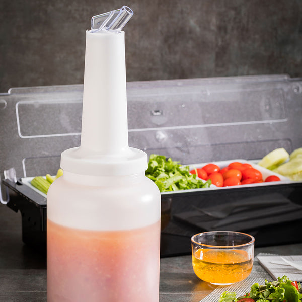 Restaurantware Bar Lux 2 Qt Plastic Quick Pour Storage Container Bottle - With Clear Spout And Lid - 4 3/4" X 4 3/4" X 13 3/4" - 1 Count Box