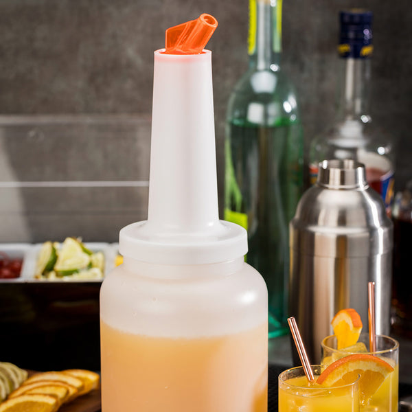 Restaurantware Bar Lux 2 Qt Plastic Quick Pour Storage Container Bottle - With Orange Spout And Lid - 4 3/4" X 4 3/4" X 13 3/4" - 1 Count Box