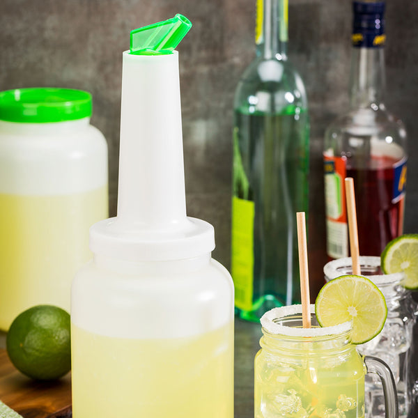 Restaurantware Bar Lux 2 Qt Plastic Quick Pour Storage Container Bottle - With Green Spout And Lid - 4 3/4" X 4 3/4" X 13 3/4" - 1 Count Box