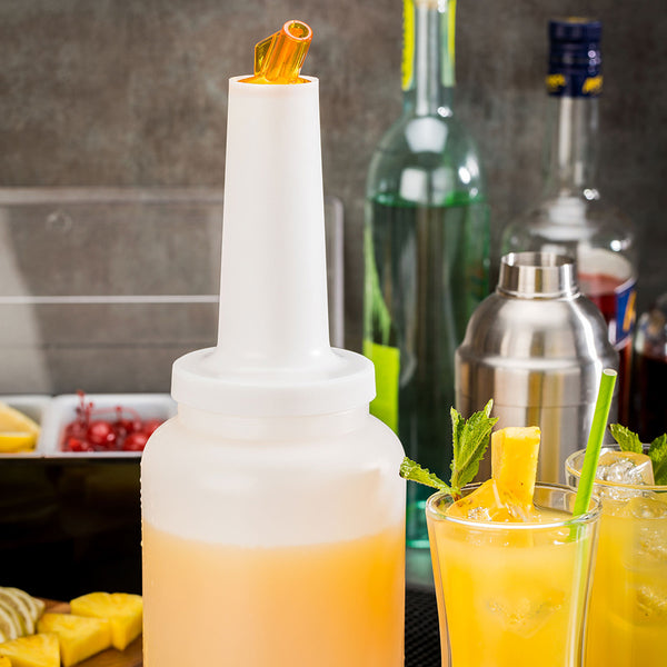 Restaurantware Bar Lux 2 Qt Plastic Quick Pour Storage Container Bottle - With Yellow Spout And Lid - 4 3/4" X 4 3/4" X 13 3/4" - 1 Count Box