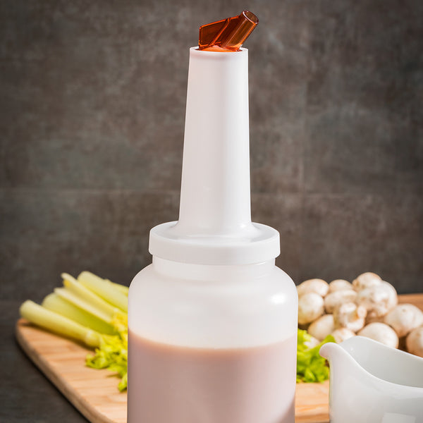 Restaurantware Bar Lux 2 Qt Plastic Quick Pour Storage Container Bottle - With Brown Spout And Lid - 4 3/4" X 4 3/4" X 13 3/4" - 1 Count Box