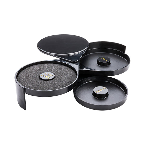 Restaurantware Bar Lux Black Plastic Cocktail Glass Rimmer - 3 Tiers Salt And Sugar Compartments - 7 3/4" X 6 1/4" X 2 3/4" - 1 Count Box