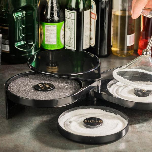 Restaurantware Bar Lux Black Plastic Cocktail Glass Rimmer - 3 Tiers Salt And Sugar Compartments - 7 3/4" X 6 1/4" X 2 3/4" - 1 Count Box