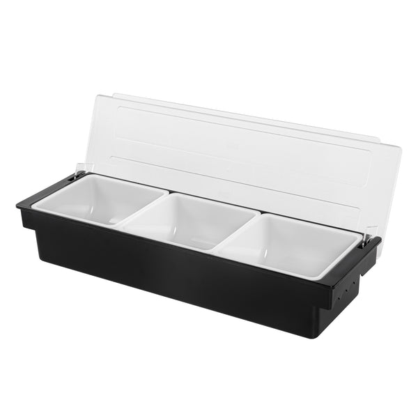 Restaurantware Bar Lux Black Plastic Condiment Caddy - 3 Compartments - 19 1/2" X 6 1/4" X 3 3/4" - 1 Count Box