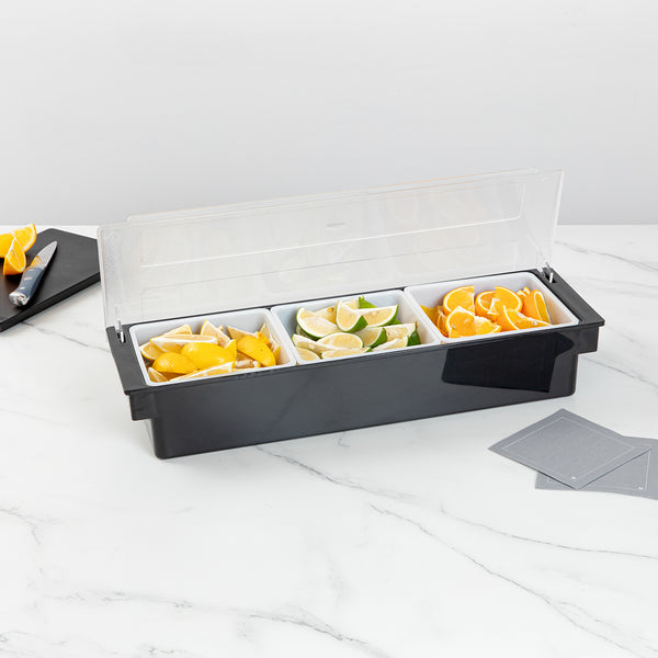 Restaurantware Bar Lux Black Plastic Condiment Caddy - 3 Compartments - 19 1/2" X 6 1/4" X 3 3/4" - 1 Count Box