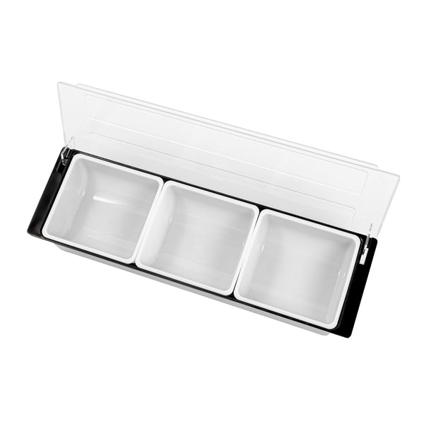 Restaurantware Bar Lux Black Plastic Condiment Caddy - 3 Compartments - 19 1/2" X 6 1/4" X 3 3/4" - 1 Count Box