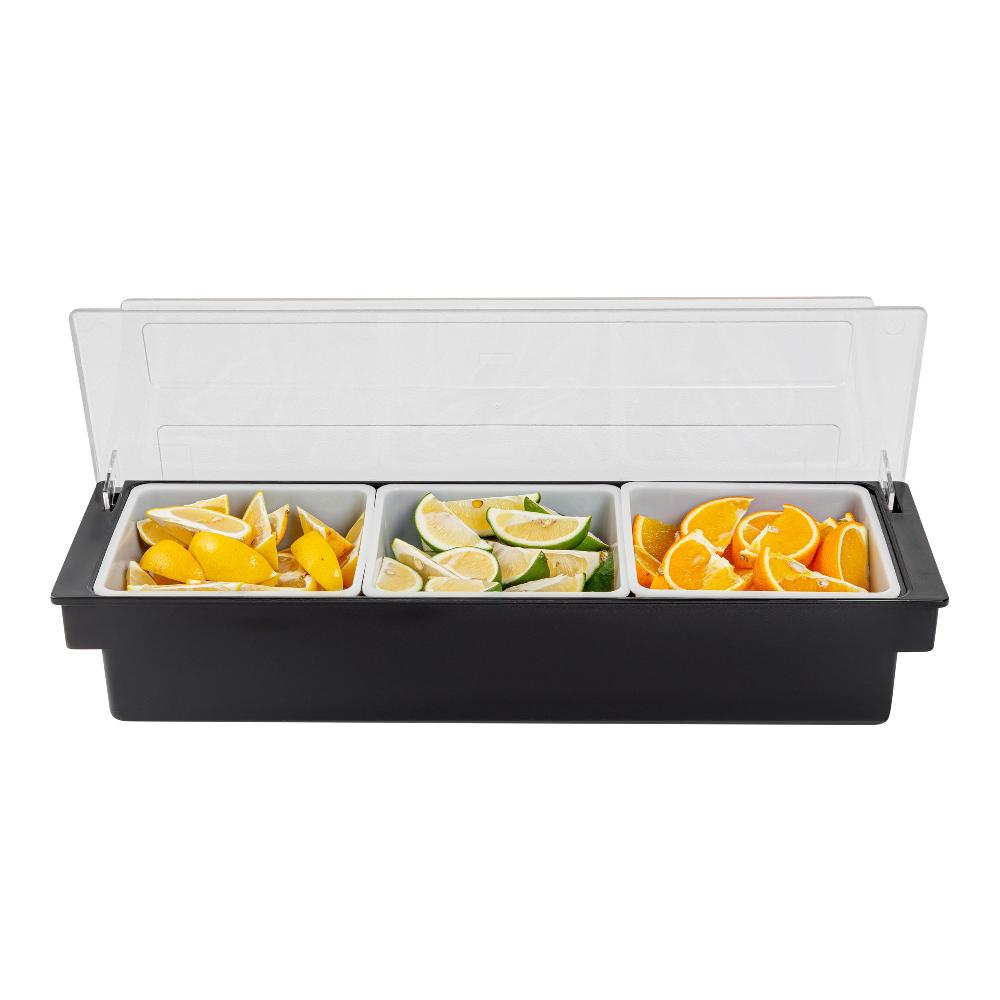 restaurantware Bar Lux Black Plastic Condiment Caddy - 3 Compartments - 19 1/2" x 6 1/4" x 3 3/4" - 1 count box