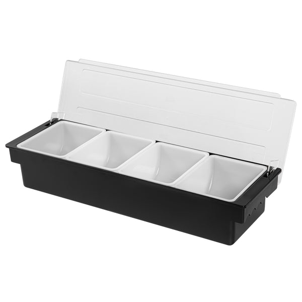 Restaurantware Bar Lux Black Plastic Condiment Caddy - 4 Compartments - 19 1/2" X 6 1/4" X 3 3/4" - 1 Count Box