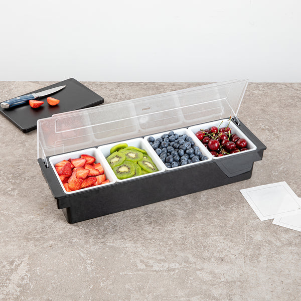 Restaurantware Bar Lux Black Plastic Condiment Caddy - 4 Compartments - 19 1/2" X 6 1/4" X 3 3/4" - 1 Count Box