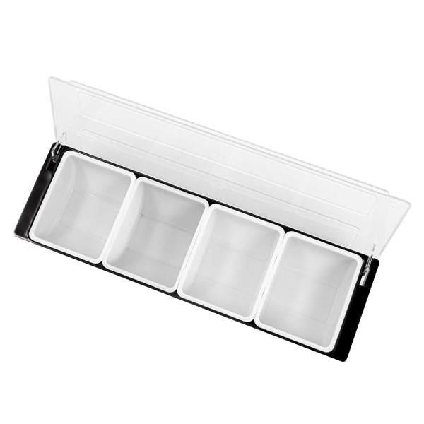 Restaurantware Bar Lux Black Plastic Condiment Caddy - 4 Compartments - 19 1/2" X 6 1/4" X 3 3/4" - 1 Count Box