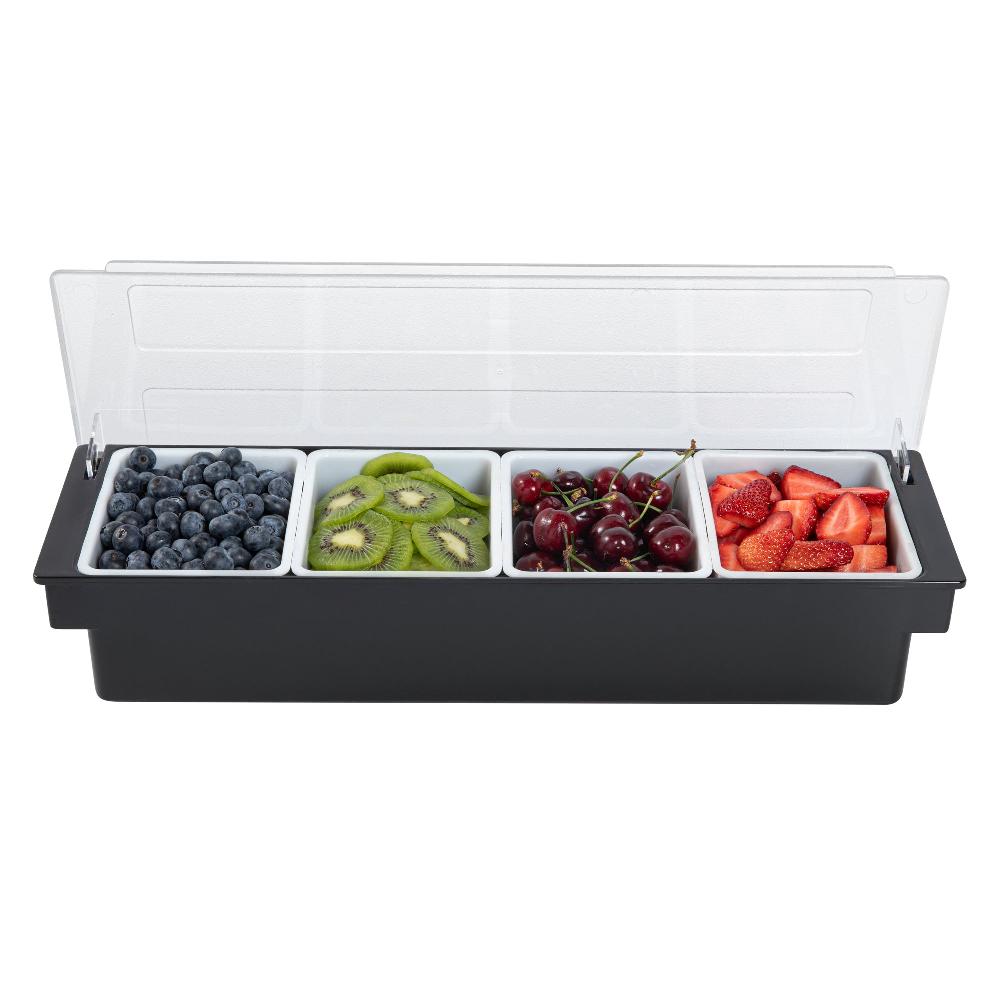 restaurantware Bar Lux Black Plastic Condiment Caddy - 4 Compartments - 19 1/2" x 6 1/4" x 3 3/4" - 1 count box