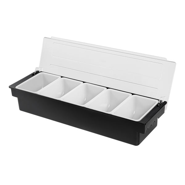 Restaurantware Bar Lux Black Plastic Condiment Caddy - 5 Compartments - 19 1/2" X 6 1/4" X 3 3/4" - 1 Count Box